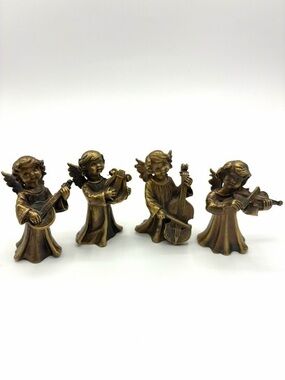 Vintage Heavy Cast Brass Cherub Angel Musicians Set Banjo Lyre Violin Cello